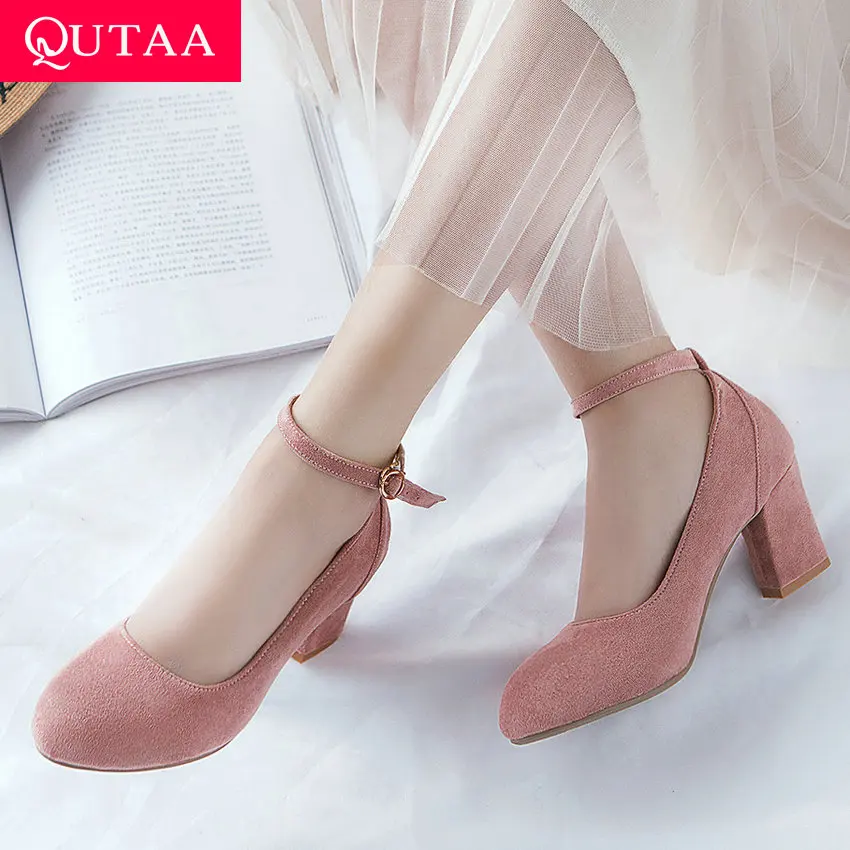

QUTAA 2020 Women Pumps Round Toe Buckle Platform Flock Square High Heel Leisure Shoes Women Shoes Ladies Pumps Size 34-43
