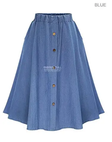 Модная Корейская опрятный стильный джинсовый женский сплошной цвет длинная юбка с естественной талией Женская Повседневная джинсовая юбка с большим подолом на пуговицах B81811A - Цвет: Light blue