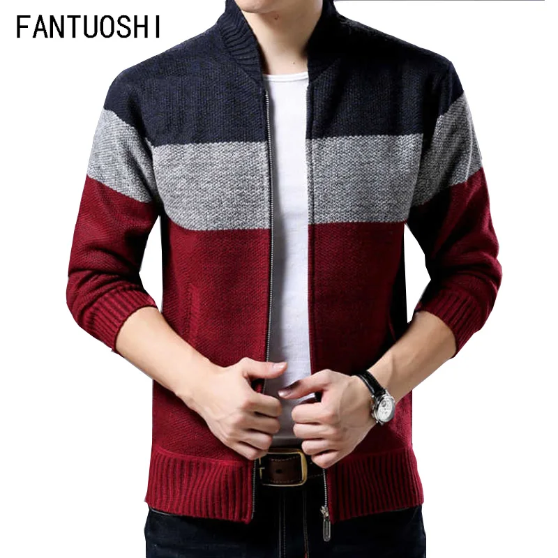 

2018 Men's Sweaters Autumn Winter Thick Warm Cashmere Wool Zipper Coat splice Sweaters Man Casual Knitwear Plus Size XXXL