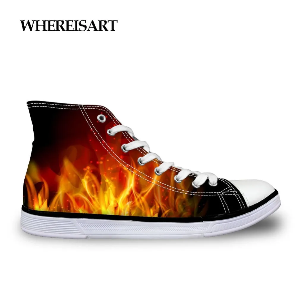 WHEREISART Autumn Flame Shoes For Men Black Canvas High Top Classic