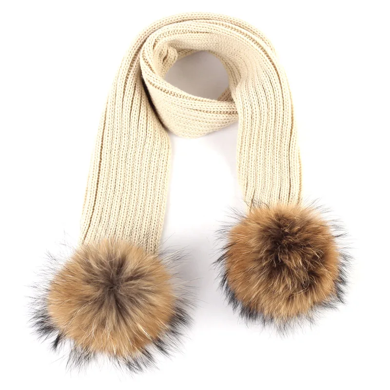 Geebro Kids Knitted Scarf With Double Raccoon Fur Pompom Boys and Girls Cashmere Plain Shawl Wrap Winter Warm Accessories DQ867 - Цвет: Beige A