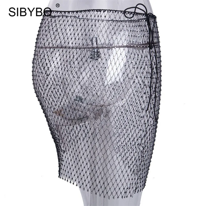 Sibybo Parkly, стразы, сетчатая облегающая мини-юбка, Женская Сексуальная кружевная прозрачная сетчатая юбка, Harajuku, летние пляжные вечерние юбки