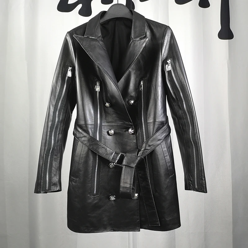 

Medium Long Genuine Leather Jacket 2019 Spring Autumn Women's Double Breasted Belt Sheepskin Real Leather Coat Black W1765