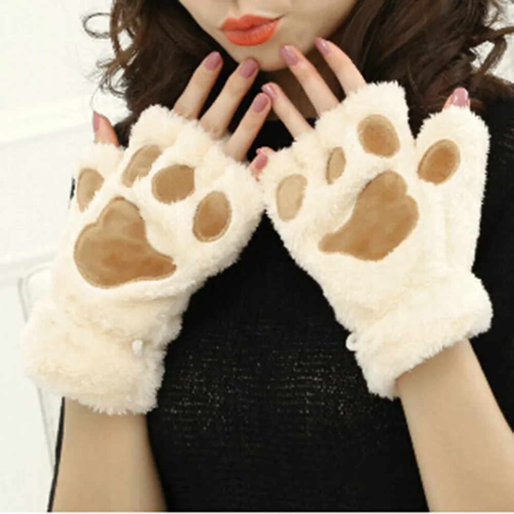 Warm Girls Bear's Paw Mitten Furry Fuzzy Thicking Half Finger Gloves Mitts Cute