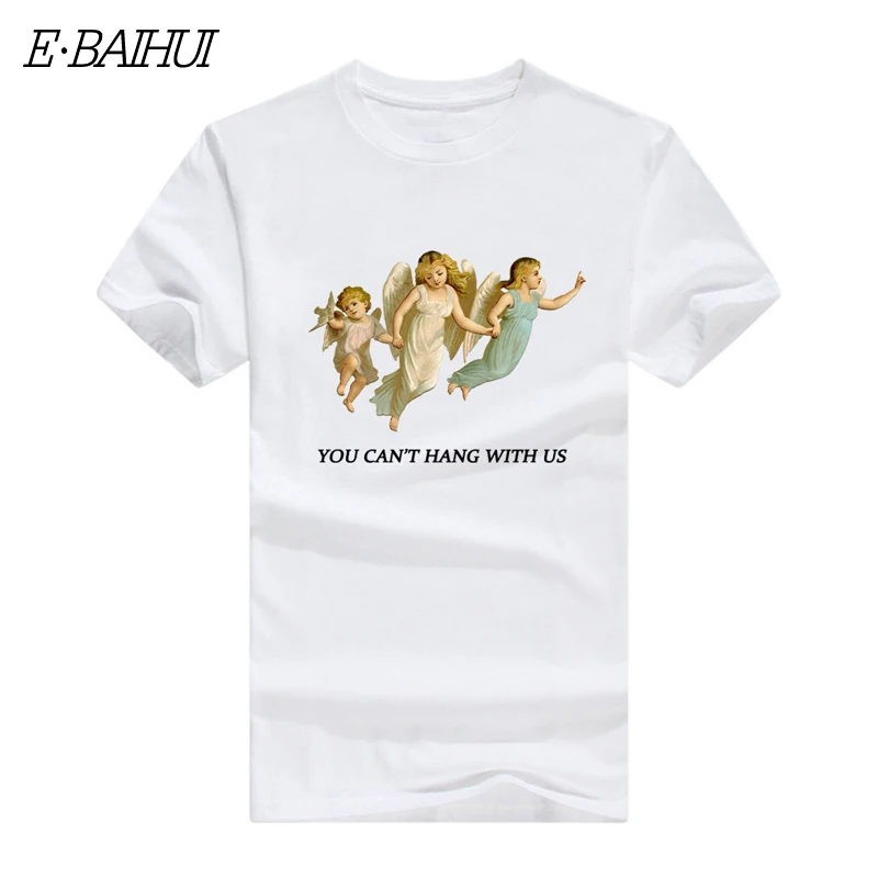 

E-BAIHUI New Summer Men Fashion T Shirt You Cant Sit with Three Angels Funny Print T Shirt Cotton Harajuku T-shirts Male CG001-7