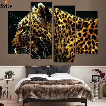 

4 Panel Leopard Pictures Oil Painting Wall Decor Canvas Pop Art Cuadros High Defination Prints For Living Room (No Frame)
