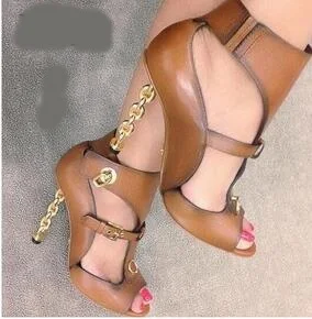 

2017 Fashion Sexy Women Sandals Strange Style Chain High Fretwork Heels Peep Toe Mental Decoration Buckle Strap Sandal Free Ship