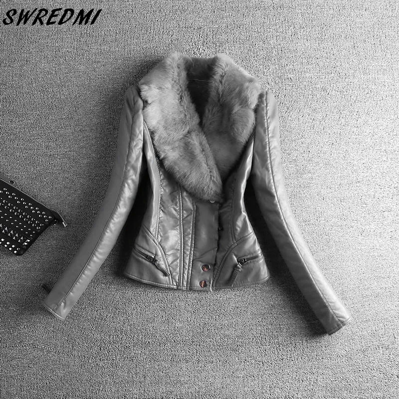 SWREDMI, новинка, тонкая женская кожаная куртка с воротником из натурального меха кролика Рекс, осенняя и зимняя Толстая кожаная куртка, верхняя одежда, плюс 4XL