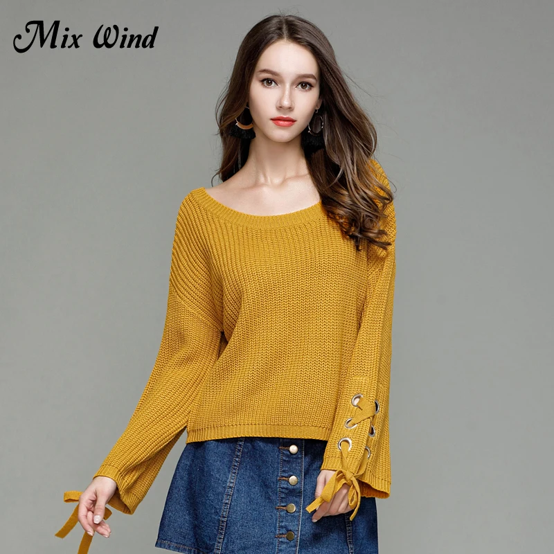 Mix Wind Loose Knitted Women Sweater 2017 Autumn Round Neck Speaker Sleeve Sweater Shirt Pullover Knit Casual Sweater Ladies