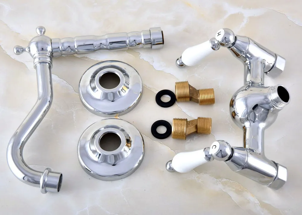 Polished Chrome Brass Wall Mount Kitchen Sink Faucet Swivel Spout Mixer Tap Dual Ceramics Handles Levers anf575