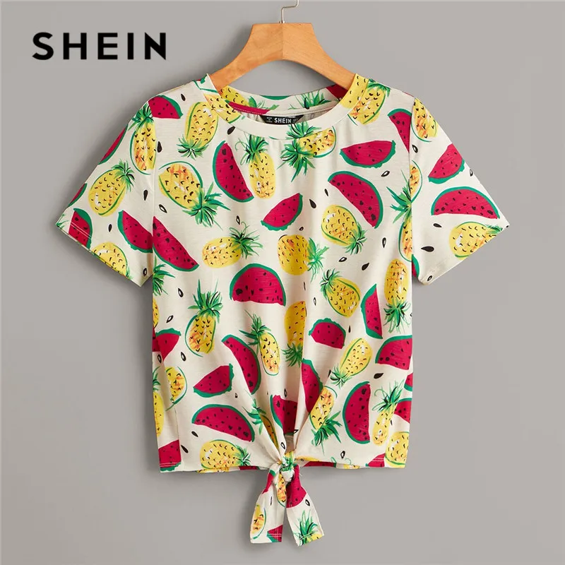 

SHEIN Tie Front Fruit Print T Shirt Women Clothes 2019 Casual Short Sleeve Summer Crop Top Tshirt Round Neck Ladies Tops