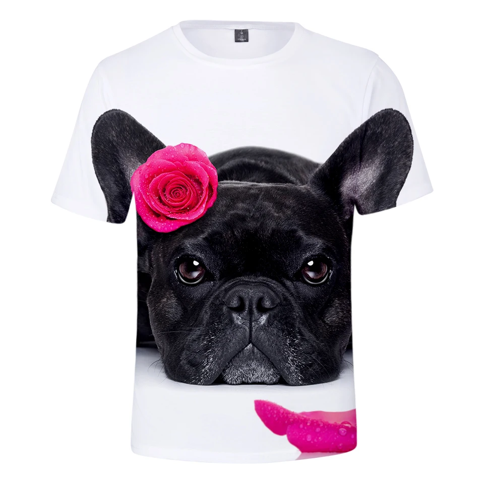 

New White Fashion 3D Animal French bulldog T-Shirt Rose Romantic Casual Funny Cute Girl Boy 3D tees Comfortable Cotton Tops cool