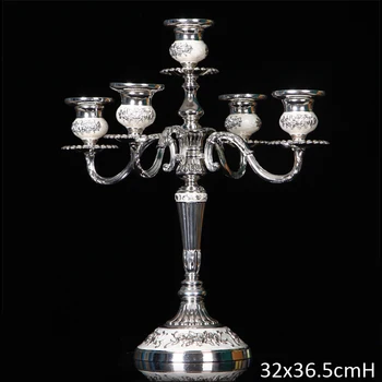 

European Embossed Rose Flower Shiny Silver Plating with White Hand Enameled Tabletop 5 Pieces Stick Metal Alloy Candle Holder