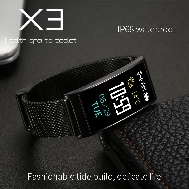 EXRIZU X3 Color Display IP68 Waterproof Bluetooth Smart Wristband Heart Rate & Blood Pressure Monitor Wrist Band for iPhone 8 X