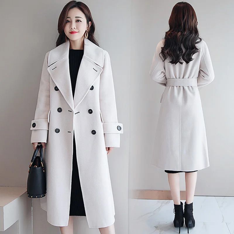 autumn and winter new large size double-breasted woolen coat female long temperament self-cultivation woolen coat