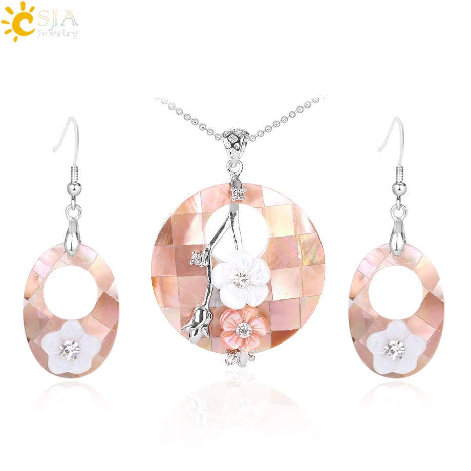 

CSJA Natural Pearl Shell Pendant Necklace Earrings Jewelry Set Pink Abalone Shells Flowers Drop Earring for Women Jewellery F617