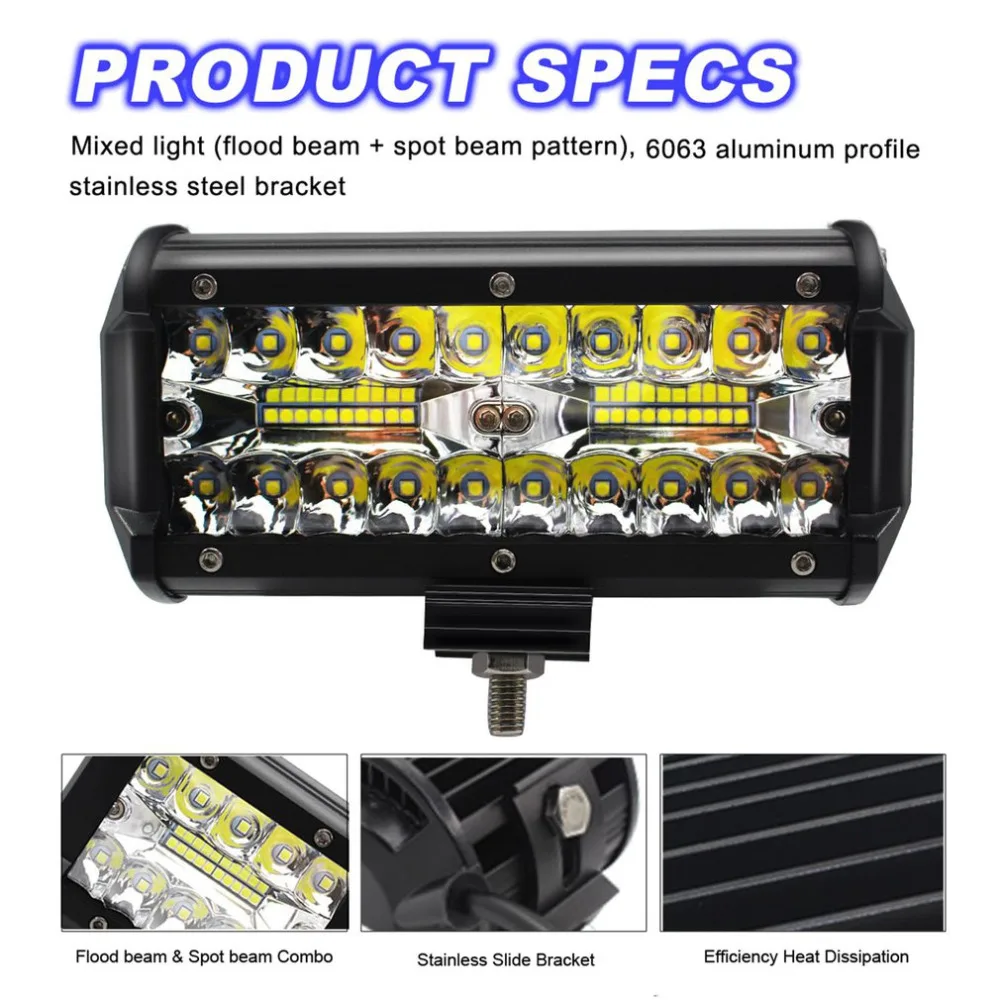 120w car led work light bar 6000k spot flood offroad three bar wrk