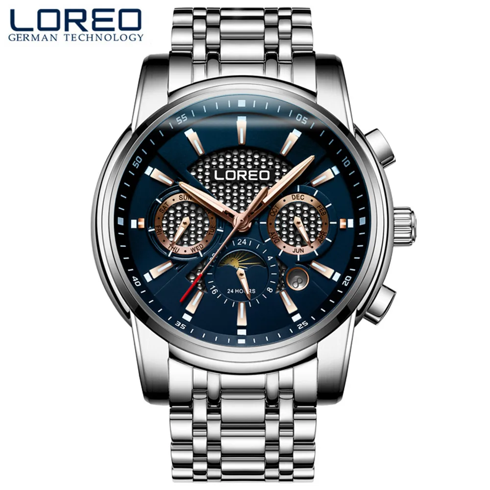 

LOREO Men Watch Date Moon Phase Luminous Automatic Mechanical Watches Mens Steel Metal Strap 5ATM Waterproof Clock Reloj Hombre