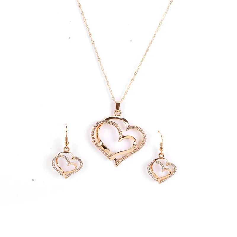 2colors Romantic Heart Pattern Crystal Earrings Necklace Set Chain Jewelry Sets Wedding Jewelry Valentine