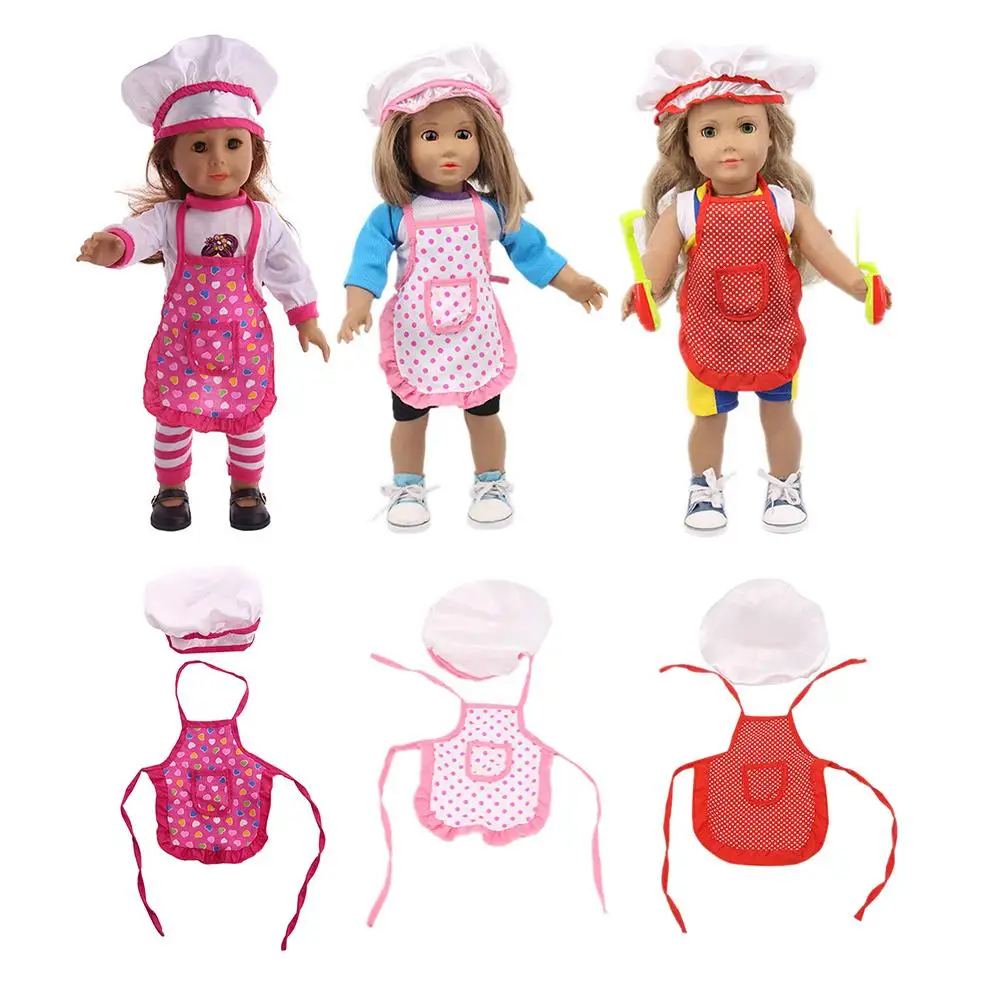 

Doll Baking Apron and Hat Set for 18 inch Dolls Polka Dot Apron with Pocket White Chefs Hat with Pink Trim