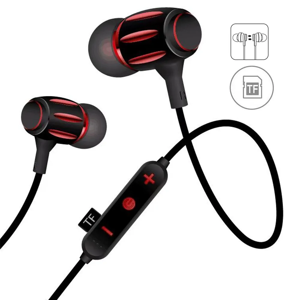 

New Bluetooth Earphones Stereo Sound Metal Wireless Earbuds Magnetic Sport Running Headsets Support TF/MicroSD Card Max to 32GB