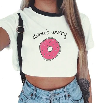 

2018 Fashion Harajuku Summer Funny White Shirt Women Crop Tops Tee Shirt Femme Streetwear Friends Tshirts Donut Print Short Top