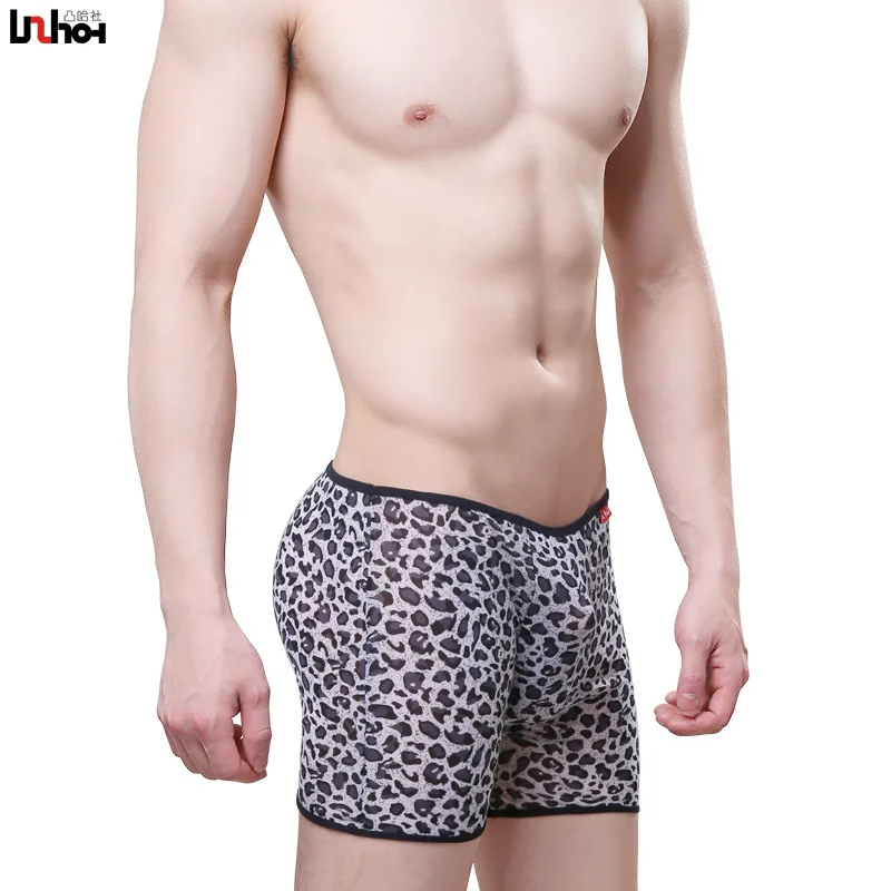 

Mens Long Leg Boxer Shorts Trunks Sexy Leopard Print Panties Pouch UnderPants Male Mesh Erotic Lingerie Gay Underwear Jockstraps