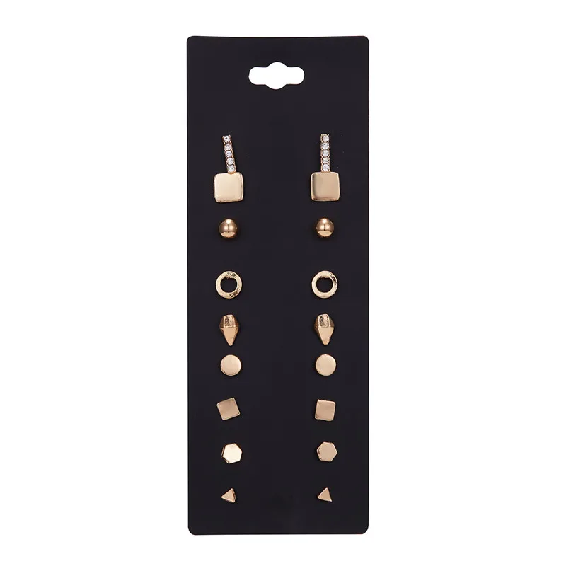 

9 Pairs/set Brincos Geometric Crystal Stud Earrings Piercing Gold Color New Fashion Earring For Women Bijoux Jewelry