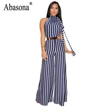Abasona Striped Jumpsuits Women Wide Leg Pants Summer Female Overalls Sexy Backless Party Club Rompers Womens Jumpsuit