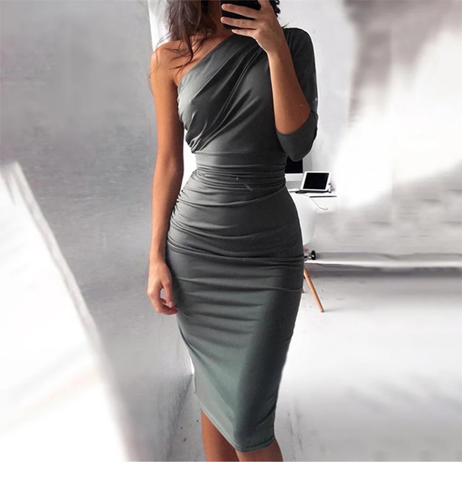 На Одно Плечо плюс размеры для женщин пикантные платья для Bodycon Элегантный Половина рукава по колено Вечерние вечернее платье женщи