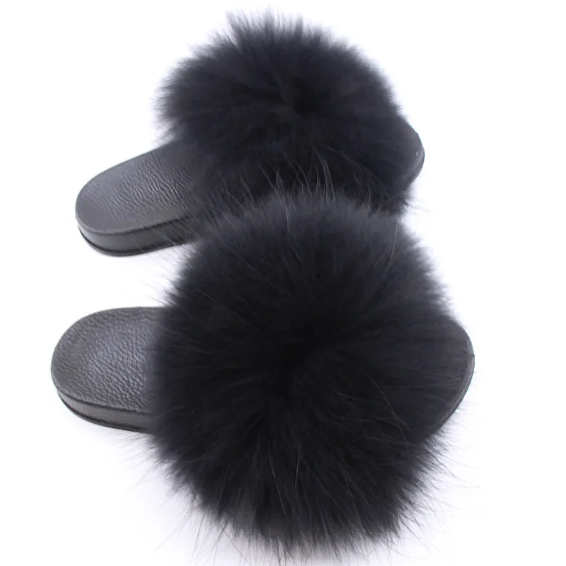 

2018 Hot Sellers New Women Fur Slippers Luxury Real raccoon Fur Beach Sandal Shoes Slippers Fluffy Comfy Furry Flip Flops