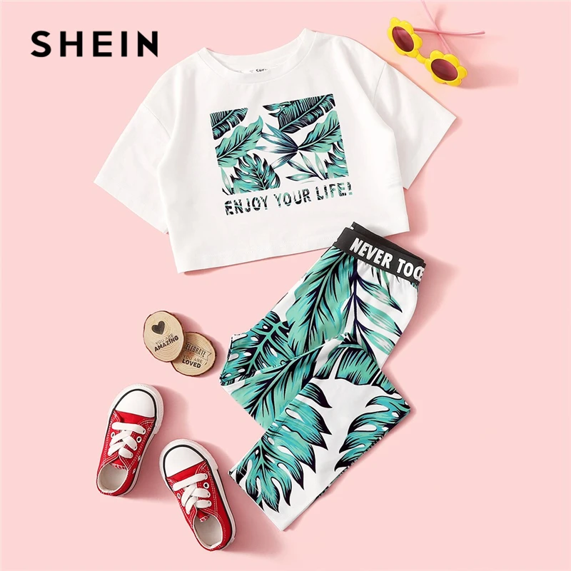 SHEIN/Детская футболка с принтом в виде букв и растений для девочек, с леггинсами комплекты из двух предметов в стиле бохо г. Летняя облегающая детская одежда с короткими рукавами