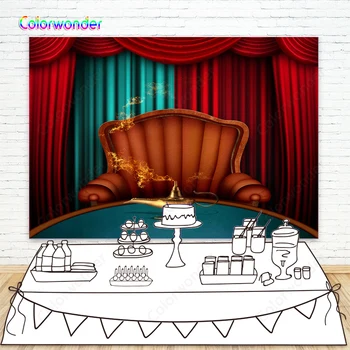 

Fairy Tale World Photography Background Red and Blue Curtain 7x5ft Leather Sofa Table with Magic Lamp Backdrops for Photo Booth