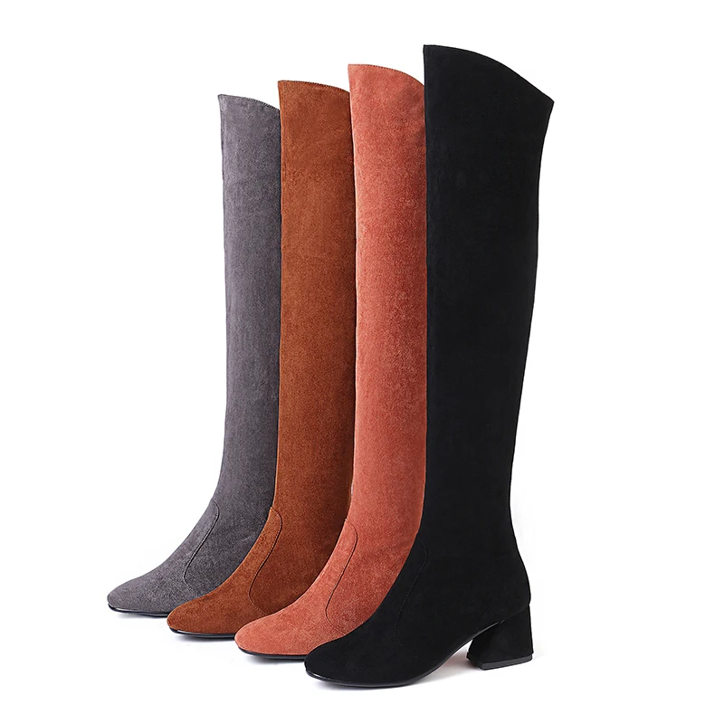 WETKISS/зимние теплые женские сапоги на высоком каблуке замшевые сапоги из эластичного меха женские Сапоги выше колена с круглым носком обувь, большие размеры 34-43