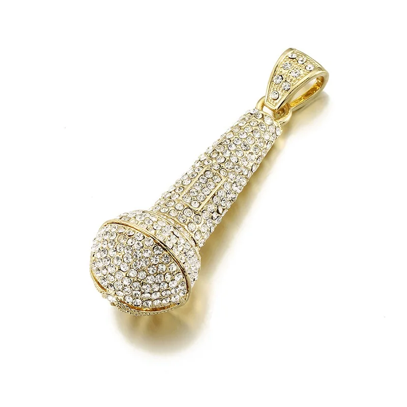 Bling Big Microphone Pendant Necklace Men Crystal Iced Out Chain Music Charm Fashion Hip Hop Jewely | Украшения и аксессуары