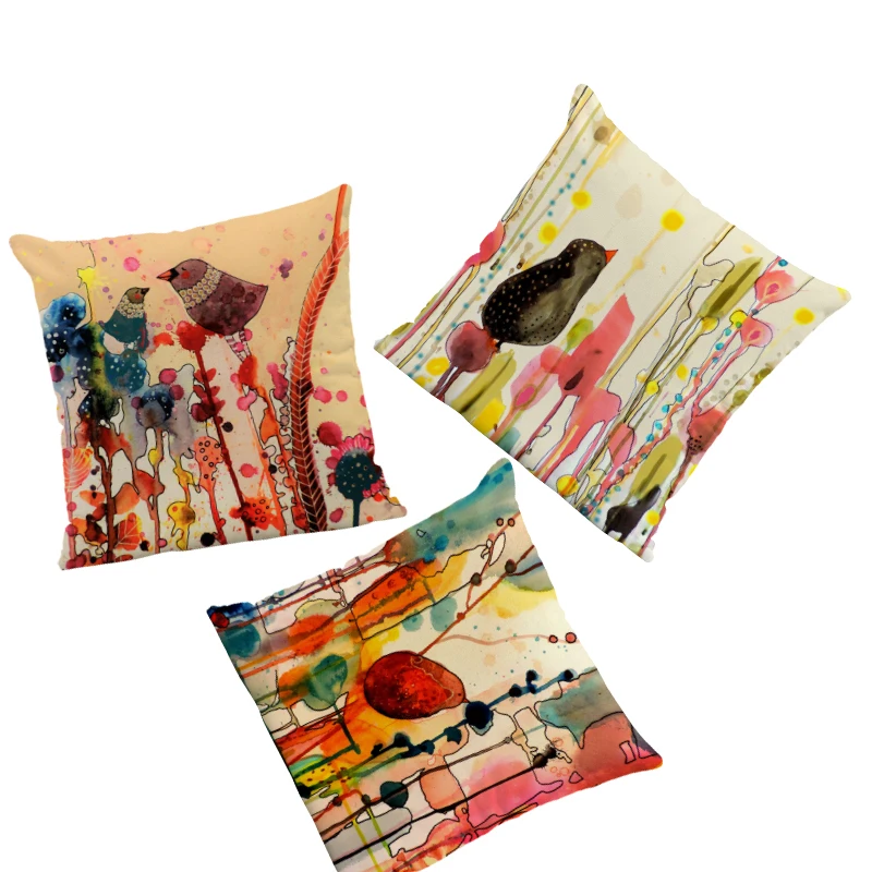 

Abstract Colored Pillows Bird Garland Leaves Cartoon Pillow Bedroom Living Room 43*43Cm Peach Skin Decoration Sofa Cushion Cover