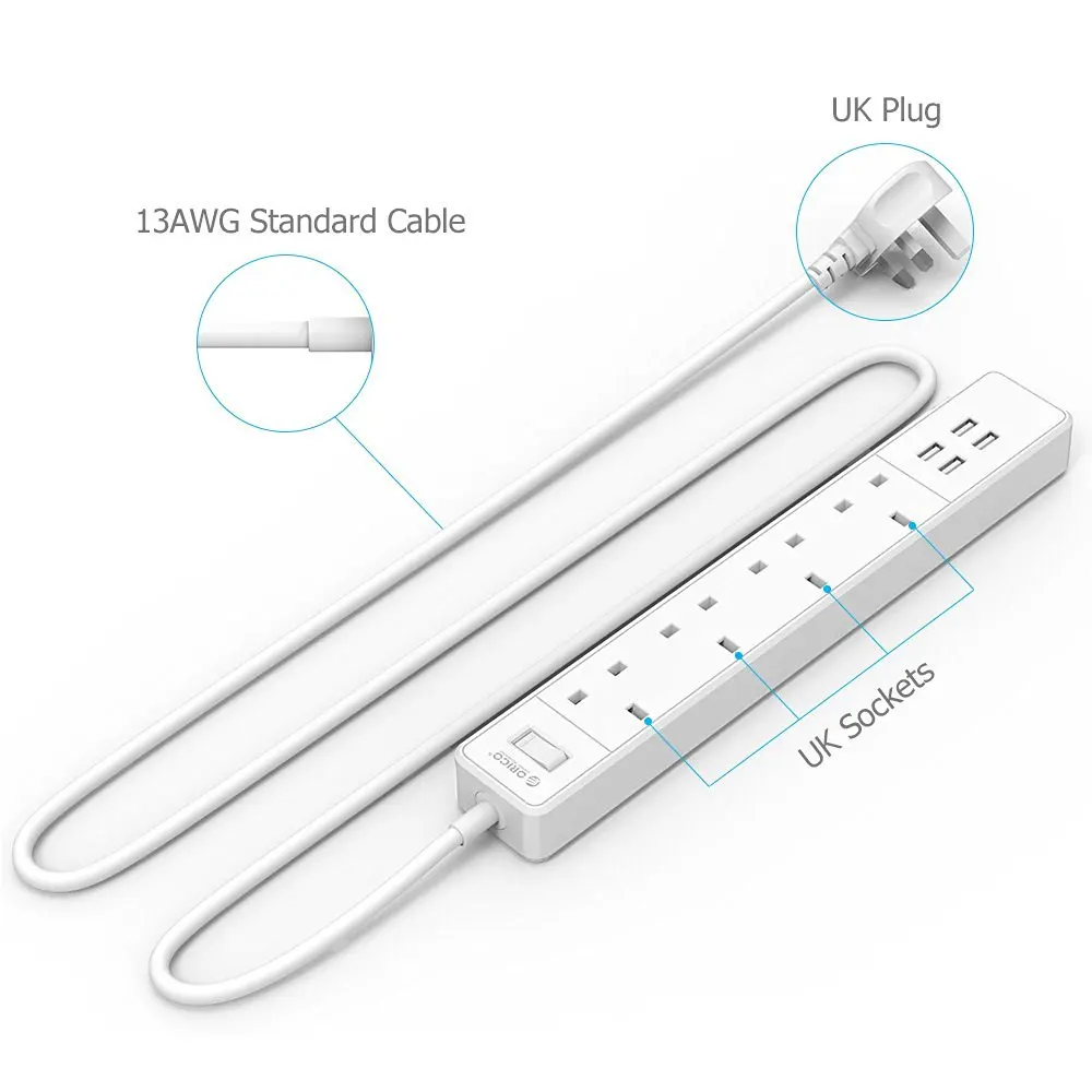 ORICO 4A4U UK Plug 4AC розетки 4 usb порта стабилизатор напряжения 20 Вт Выходная лента питания с 1,5 м шнур питания белый