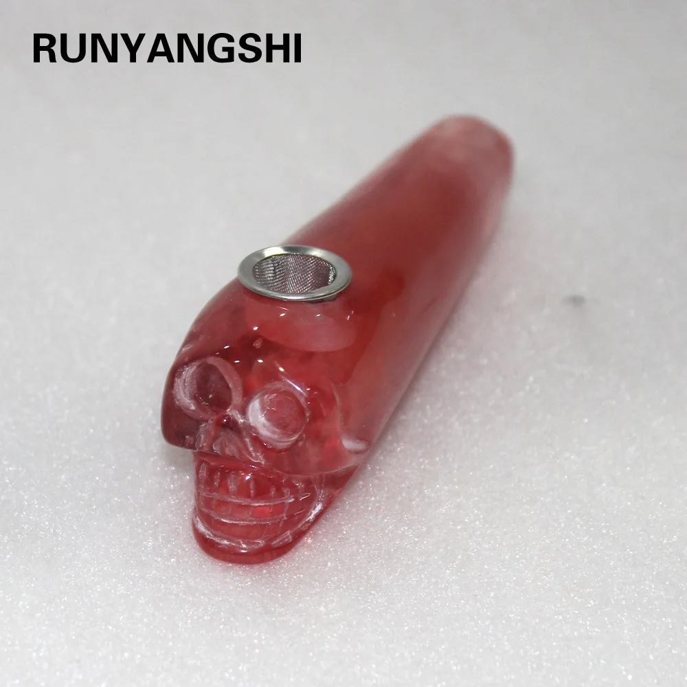 

Artificial Quartz Crystal Stone Red Smelting Pipe Smoking Tube carving crystal skull head healing crystal pipe