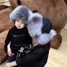 New Russia fur hat Winter Boy Girl Real Fox Fur Hat Parent-child Children Earmuff Warm Fur Hat pompom women Ear fox fur Hat cap