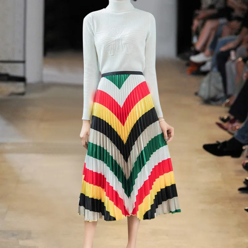 Весна до середины икры Длина плиссированные юбки женские модные уличные длинные полосатые юбки леди А-силуэта юбки-солнце