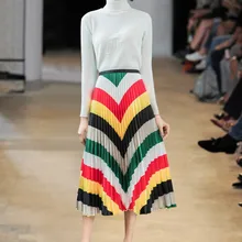 Весна до середины икры Длина плиссированные юбки женские модные уличные длинные полосатые юбки леди А-силуэта юбки-солнце