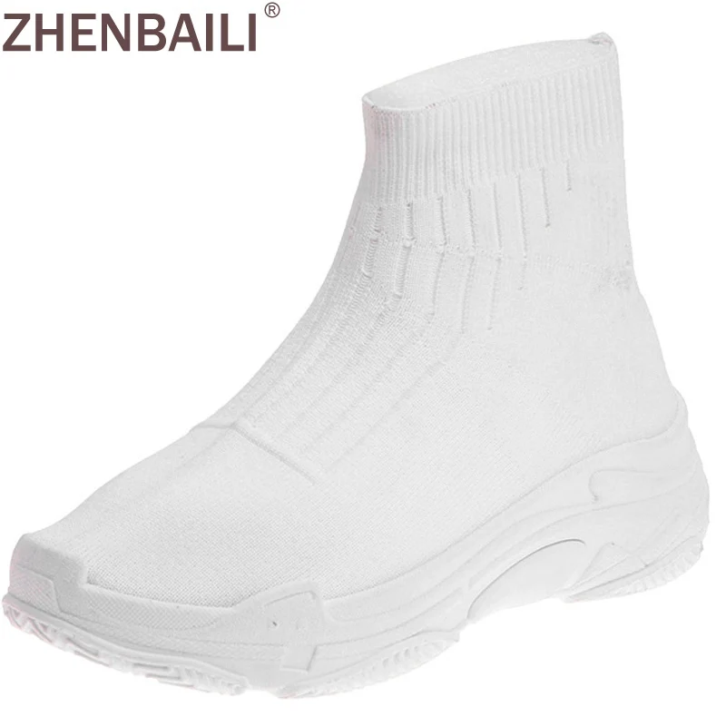 

ZHENBAILI Knit Upper Spring Autumn Breathable Lightweight Women Sock Shoes 2019 Soft Slip On Platform Flat Ankle Boots Sneakers