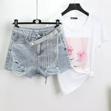 Летние модные блестящие алмазные бахрома из цепочек с высокой талией джинсовые шорты женские джинсовые шорты с дырками широкие брюки