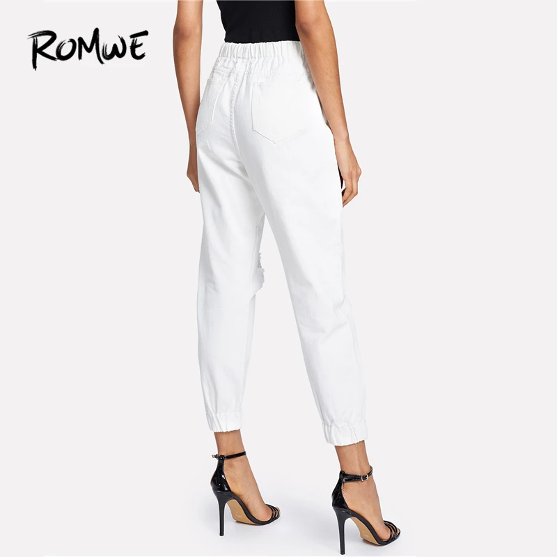 ROMWE Ribbon Letter Ripped Drawstring Denim Jeans 2018 Summer Autumn Women Beige Mid Waist Regular Female Casual Long Pants