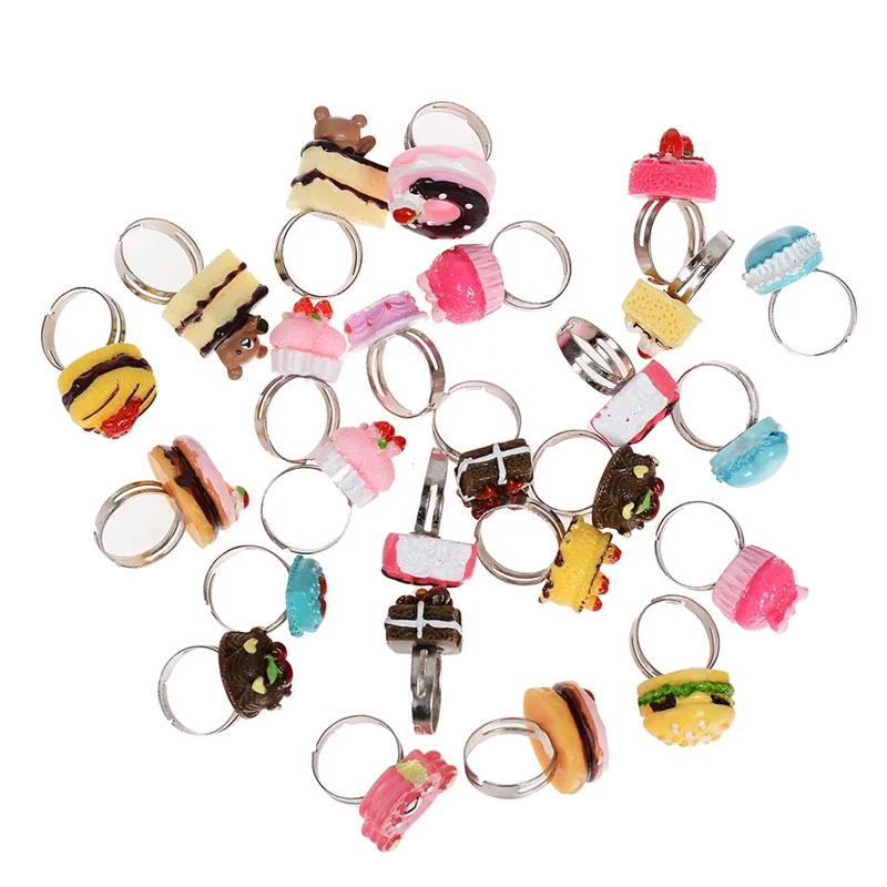 10pcs/Lot Resin Send Randomly Shape Charm Fake Cake Food Kids Rings Lovely Jewelry For Boys Girls Wholesale Party Accessories