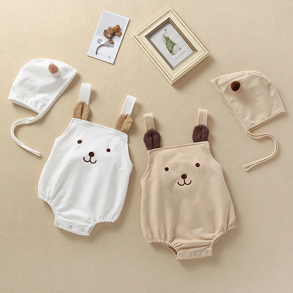 

Newborn Infant Baby Girls Straps Cartoon Pompon Romper Sunsuit Hat Bodysuit Baby Girl Clothes bodysuit Clothes Roupas De Bebe