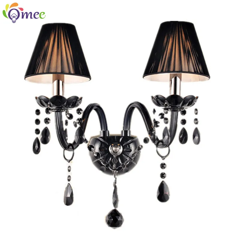 2 Lights Black Crystal Wall Lamps LED E14 Bulb Double Heads cristal Wall Lights Black Silk Fabric Lampshade Bedroom Lighting