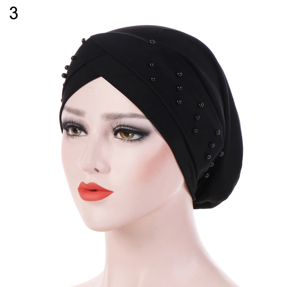 Для женщин бусины Эластичный Тюрбан шляпа мусульманских рака Кепка chemo хиджаб Обёрточная бумага - Цвет: Черный