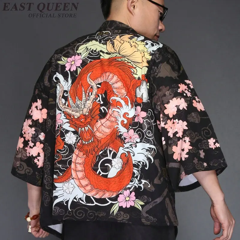 

Mens kimono jacket thin cardigan shirt Japanese style male kimono cardigan men dragon print streetwear samurai costume AEF008
