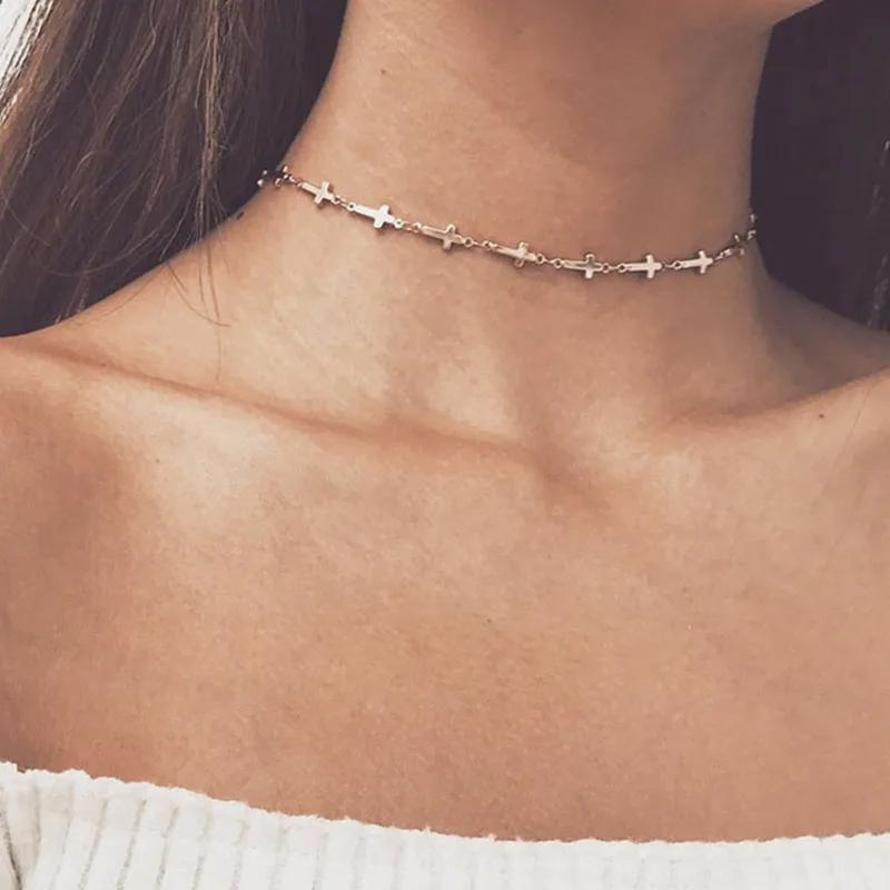 

New Simple Vintage Style Cross Choker Necklace for Women Geometric Sequins Heart Chocker Collar Necklace Elegant Jewelry YN419